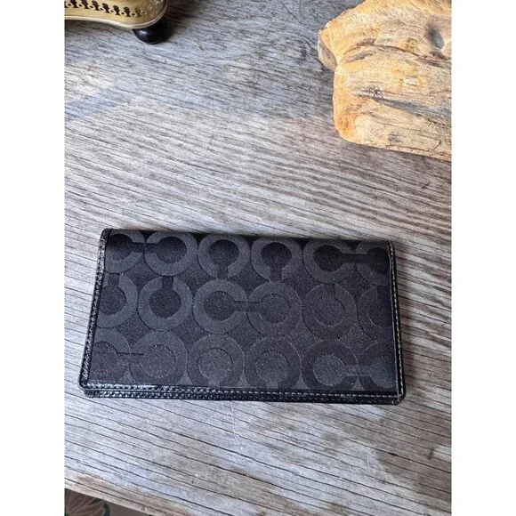 Coach Signature Canvas Checkbook Wallet Black Purple Interior Snap Closure - Picture 7 of 9